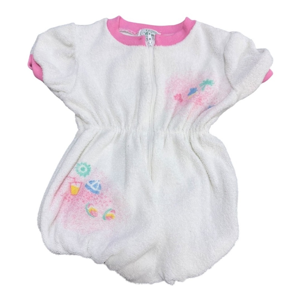 Izod Lacoste Romper Kids 18M Vintage Terry‎ Cloth 1980s White Pink Zip